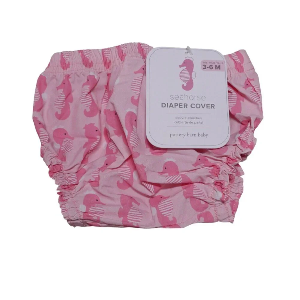 NWT Pottery Barn Kids Diaper Cover 3-6M Pink Seahorse Print Water Resistant